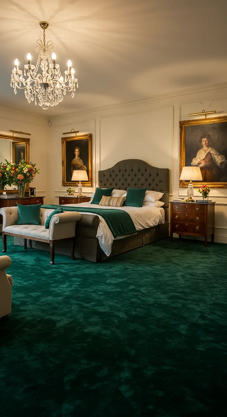 Luxe slaapkamer met diepgroen tapijt, kingsize bed en kroonluchter.