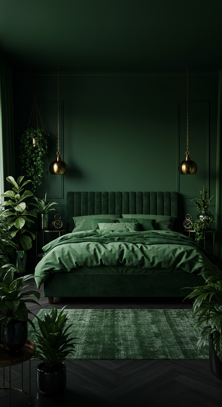 Luxe donkergroene slaapkamer met fluwelen bed, gouden hanglampen en veel planten.
