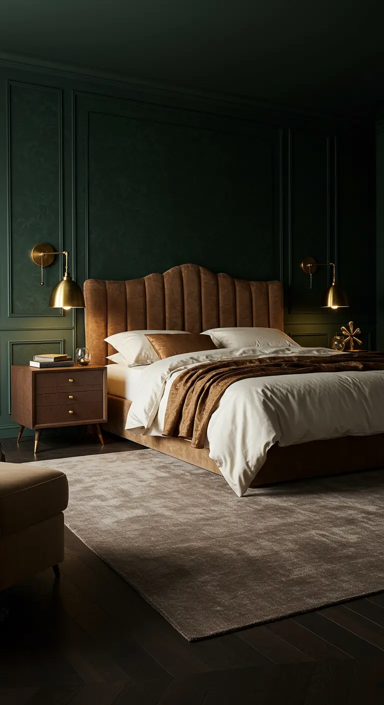 Slaapkamer met donkergroene panelenmuur en bruin fluwelen bed.