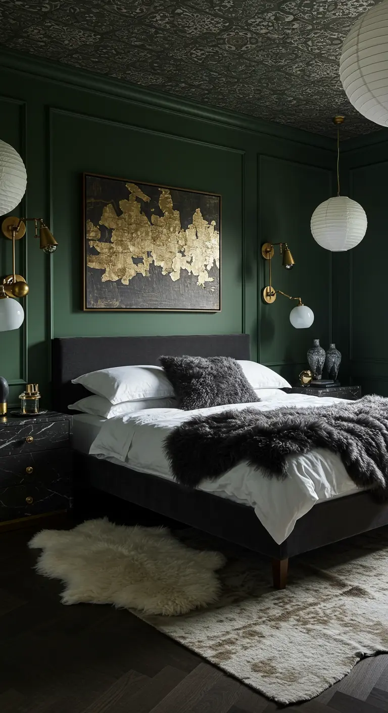 Donkergroene slaapkamer met plafondbehang, gouden kunstwerk en bontkleden op het bed.