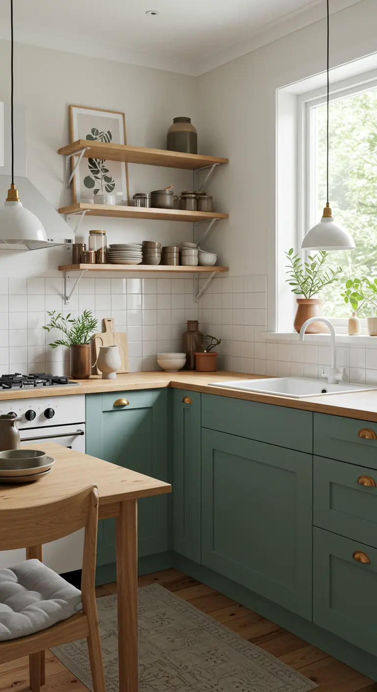 Landelijke keuken met donkergroene onderkasten, houten planken en witte metrotegels.