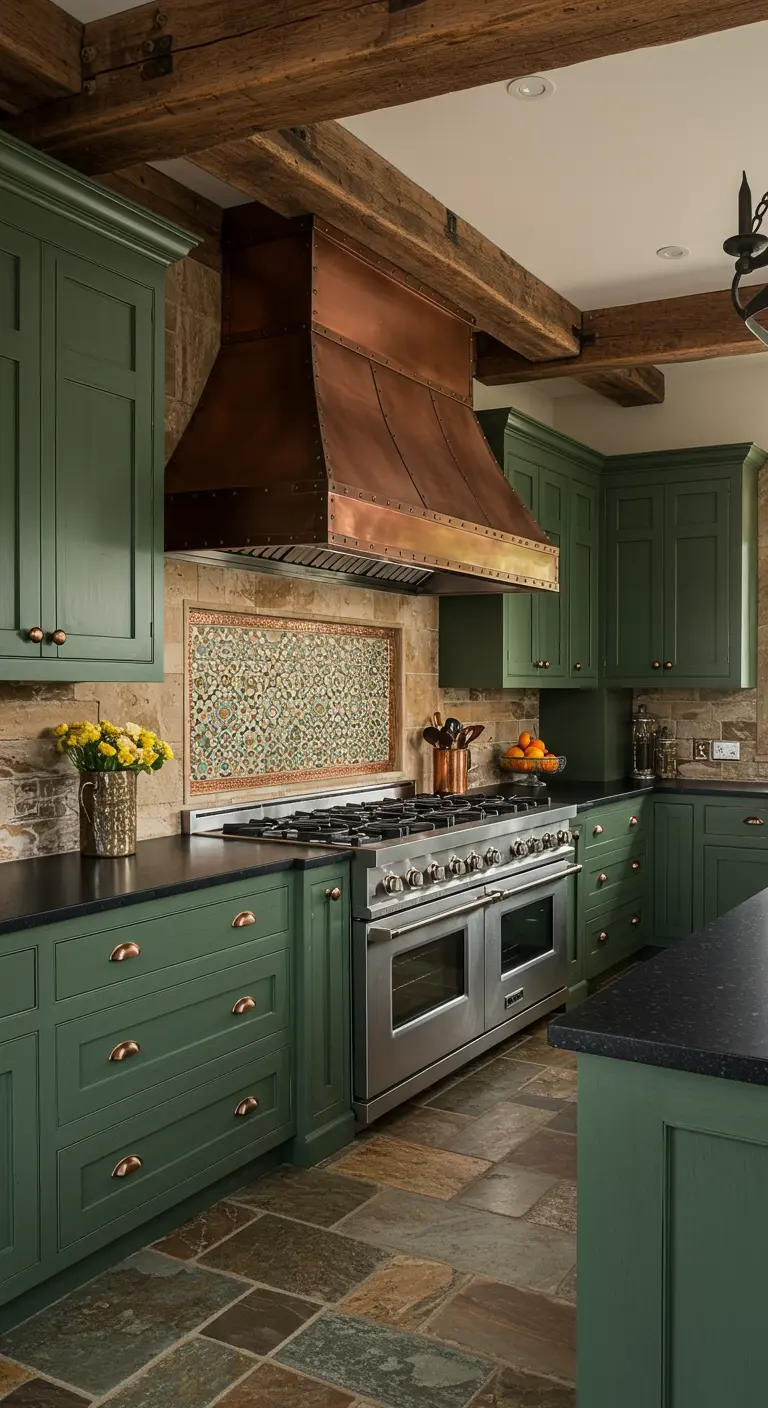 Rustieke keuken met diepgroene kasten, koperen afzuigkap en natuurstenen elementen.