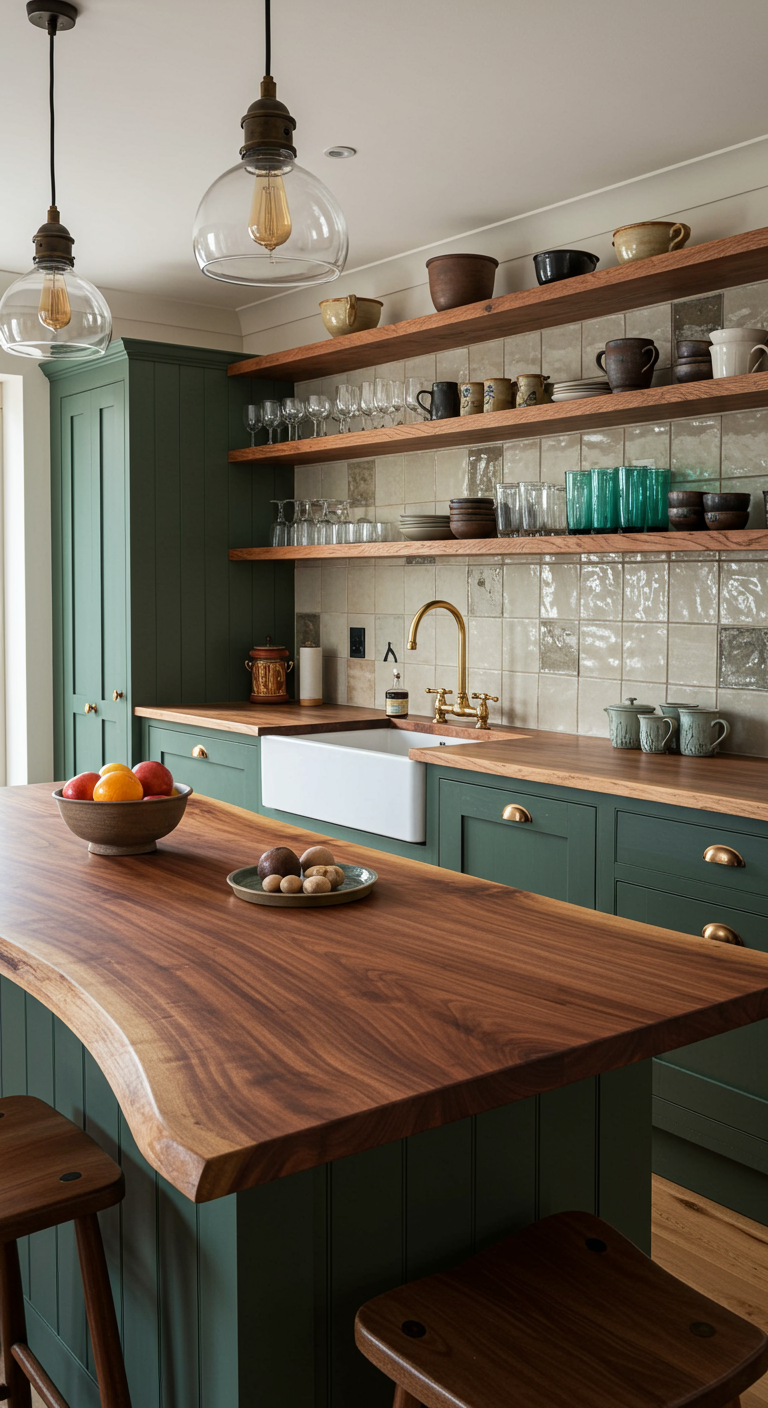 Diepgroene keuken met dik, robuust houten werkblad met natuurlijke rand.
