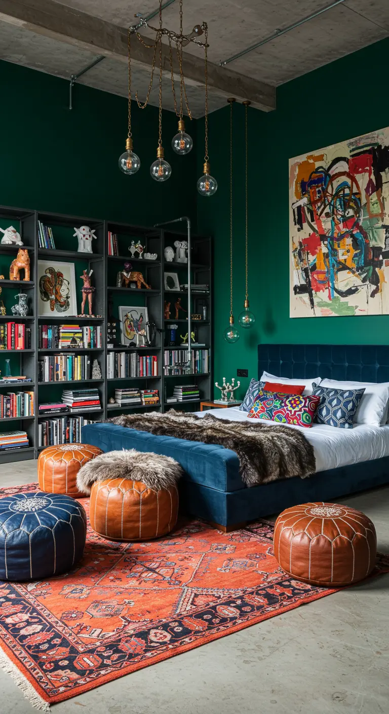 Slaapkamer met donkergroene muren, blauw bed, oranje vloerkleed en lederen poefs.