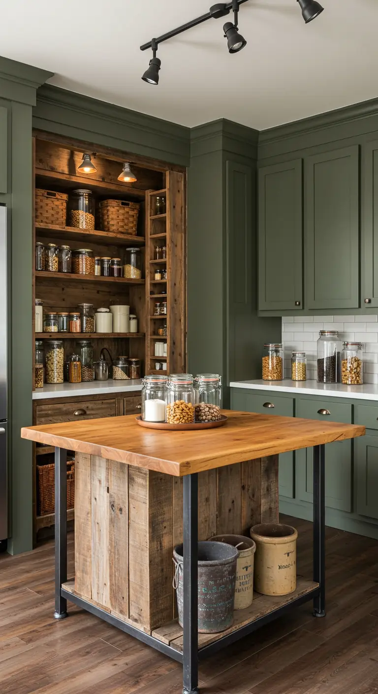 Donkergroene keuken met ingebouwde houten voorraadkast, houten kookeiland met metalen onderstel en glazen voorraadpotten.
