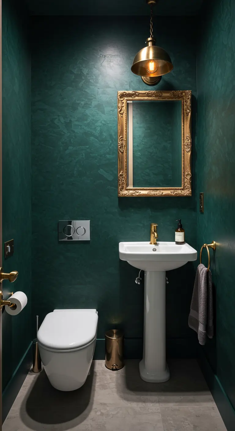 Toiletruimte met diepgroene gepolijste stucwerkwanden, gouden accenten en klassieke spiegel.