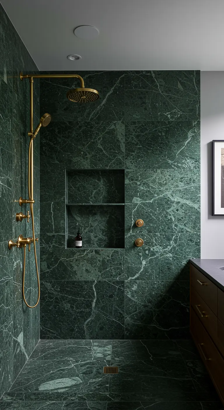 Douche met diepgroen marmer en een complete messing doucheset.