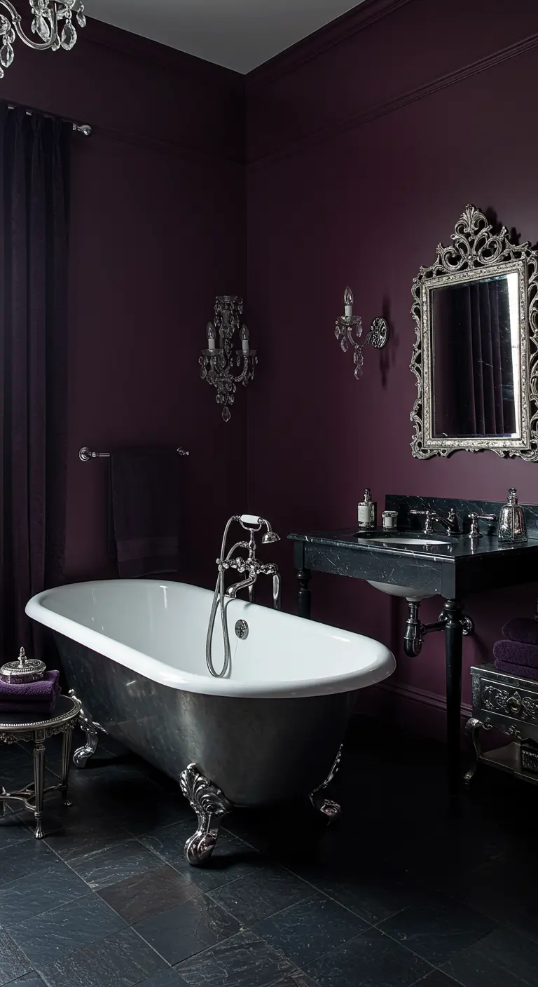 Luxe badkamer met dieppaarse muren, zilverkleurig bad en barokke spiegel.