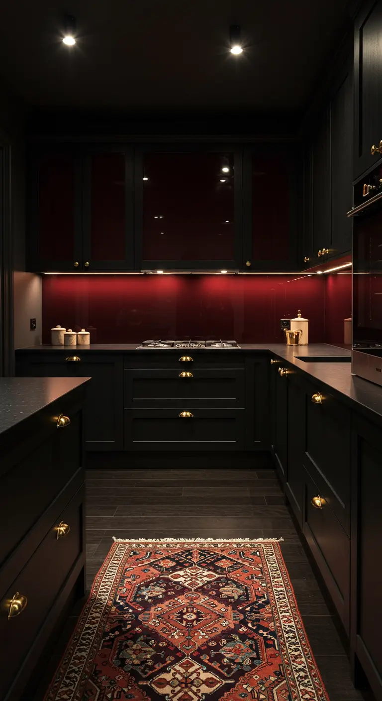 Donkere keuken met een dieprode glazen achterwand, gouden knoppen en een Perzisch tapijt.
