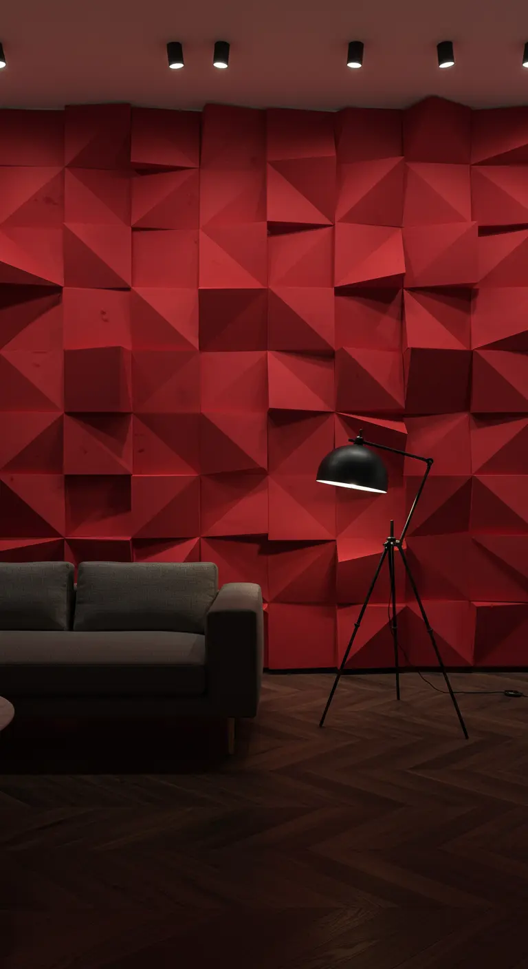 Woonkamer met dieprode 3D-wandpanelen en donkergrijze bank.