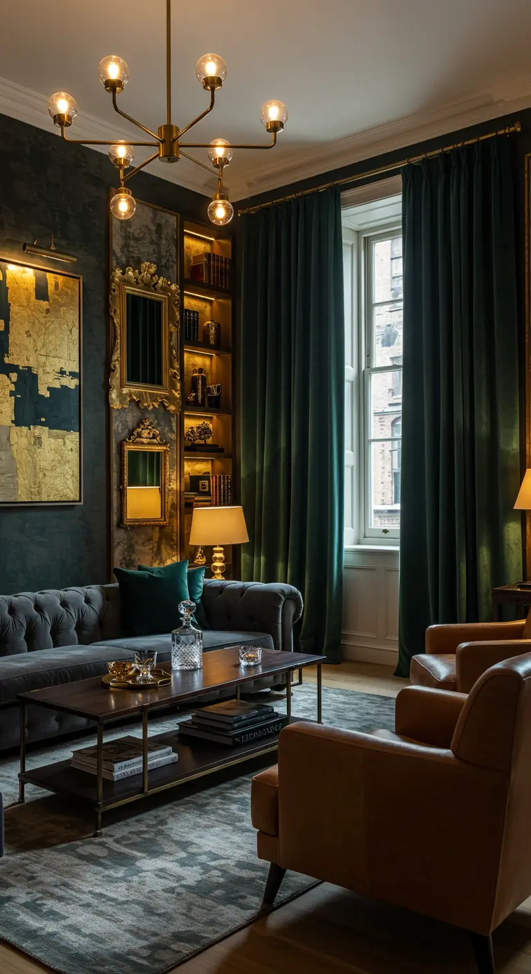 Luxe donkergroene woonkamer met gouden accenten en fluwelen bank.