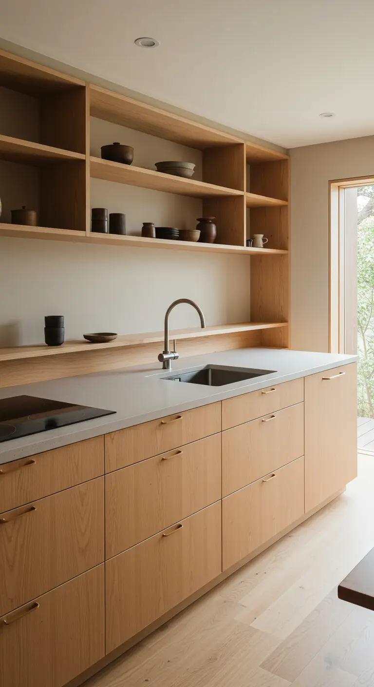 Moderne houten keuken met diepe open planken waarop donker keramisch servies staat uitgestald.