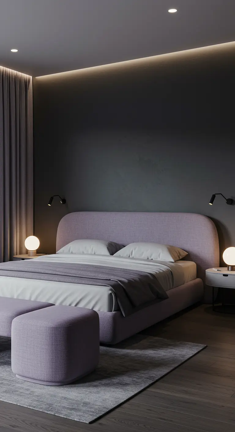 Slaapkamer met donkergrijze muur, pastelpaars bed, witte lakens, en ronde nachtkastjes.