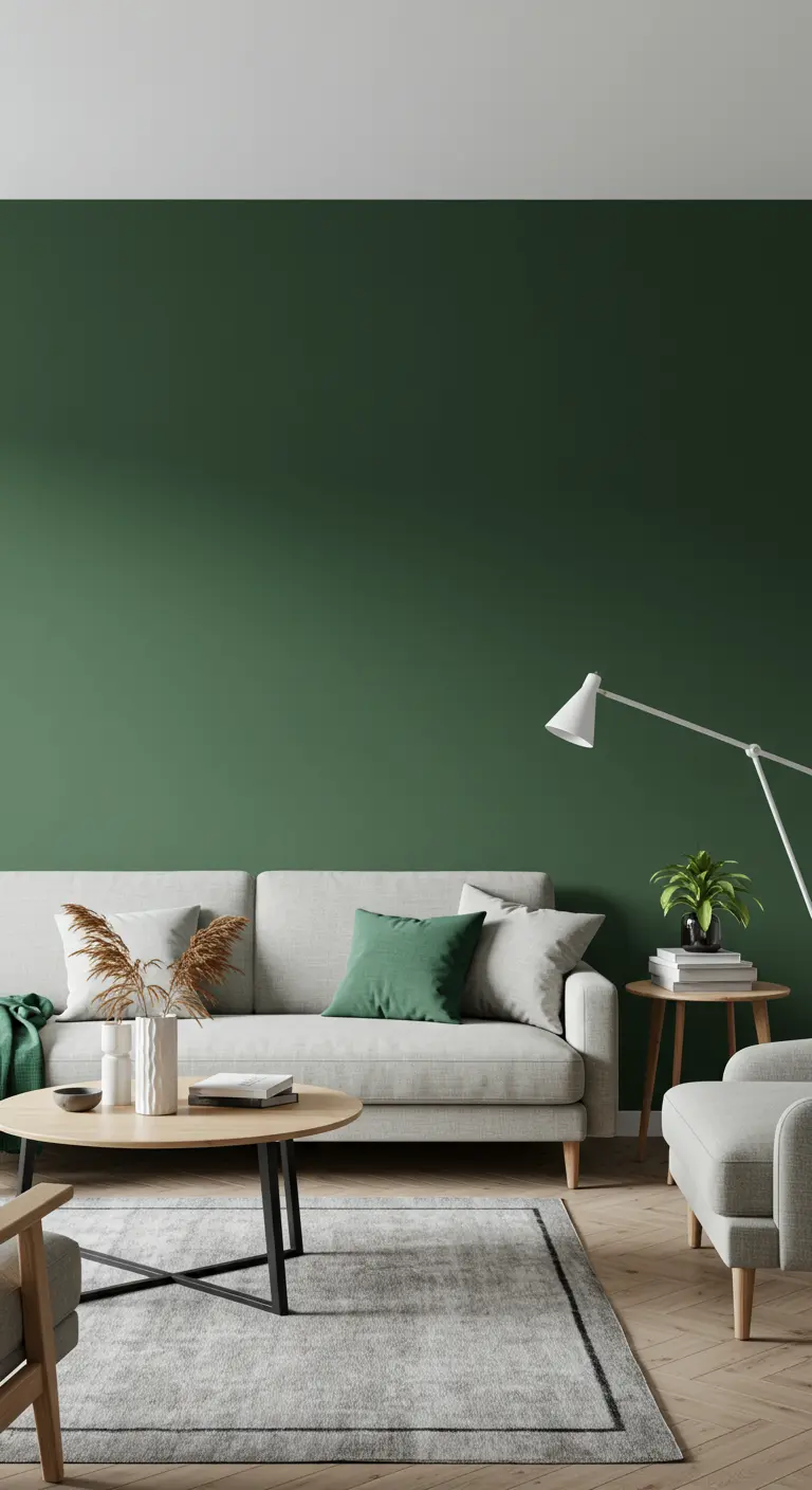 Woonkamer met een diepgroene accentmuur achter een lichte bank, verder lichte inrichting.