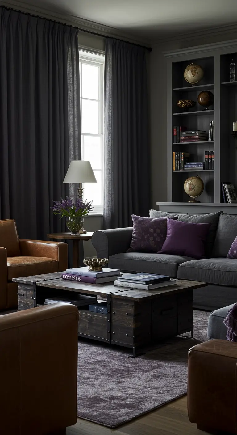 Donkere woonkamer met grijze bank, dieppaarse kussens, leren stoelen en zware gordijnen.