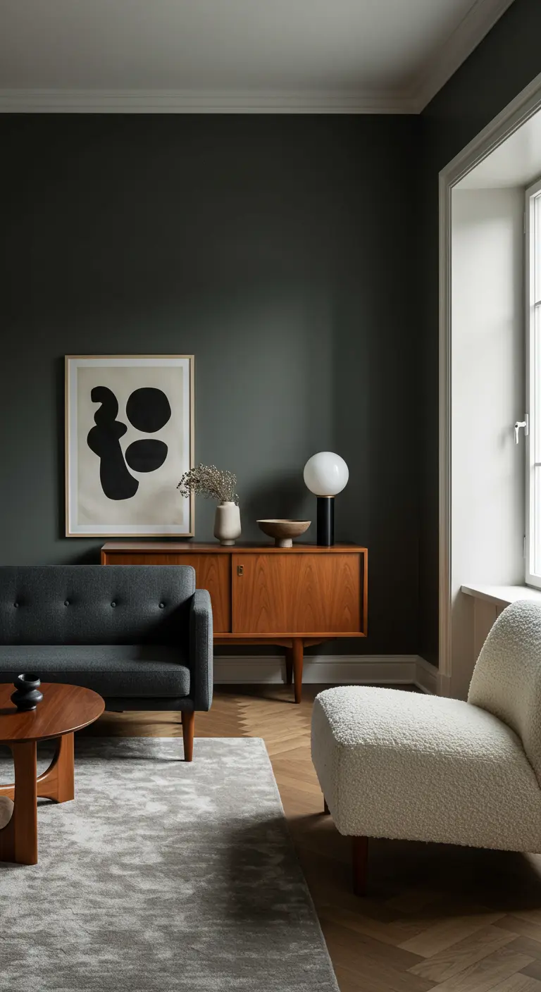 Donkergroene muur met grijze bank, houten dressoir, wit bouclé stoel en abstracte kunst.
