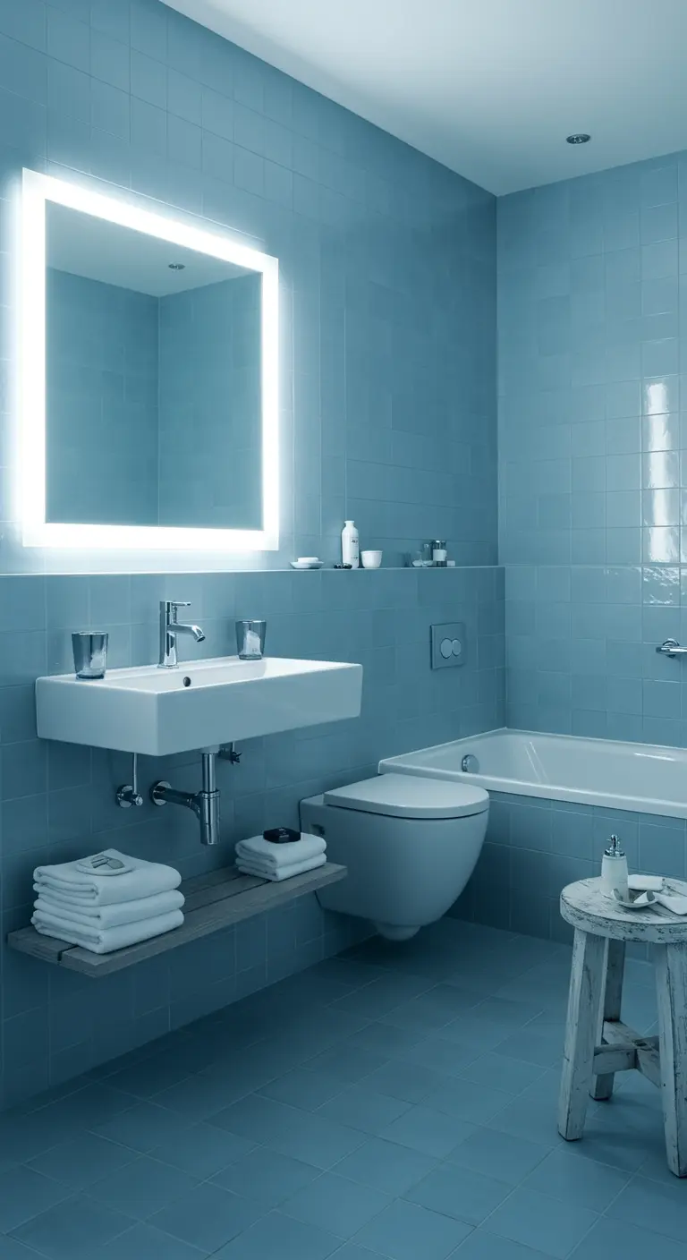Monochrome blauwe badkamer met grote verlichte spiegel.