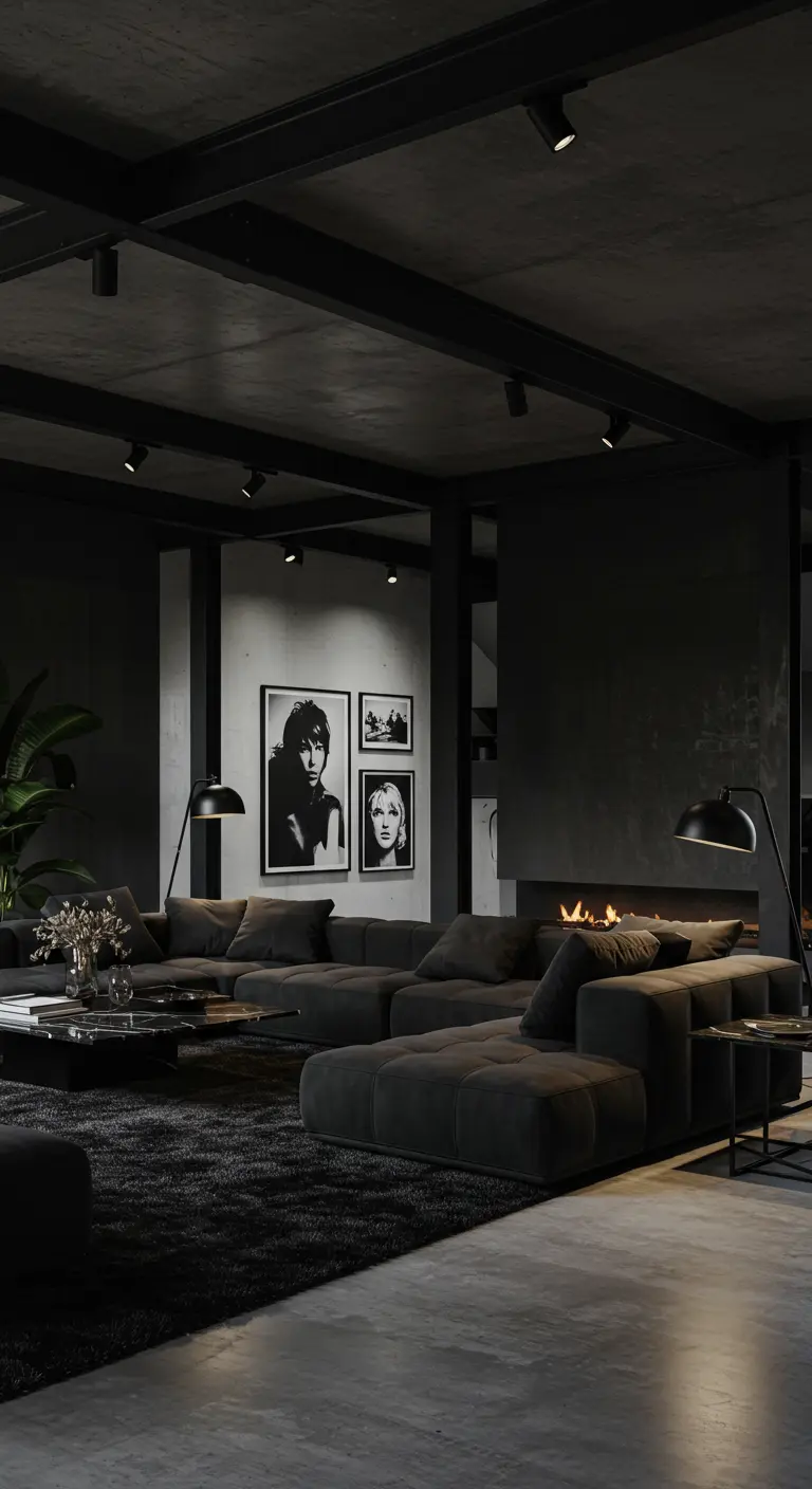Donkere woonkamer met zwarte muren, bank en vloerkleed, subtiele verlichting en kunst.