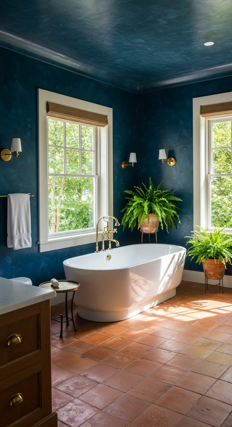 Badkamer met diepblauwe muren, terracotta vloer, vrijstaand wit bad en gouden accenten.