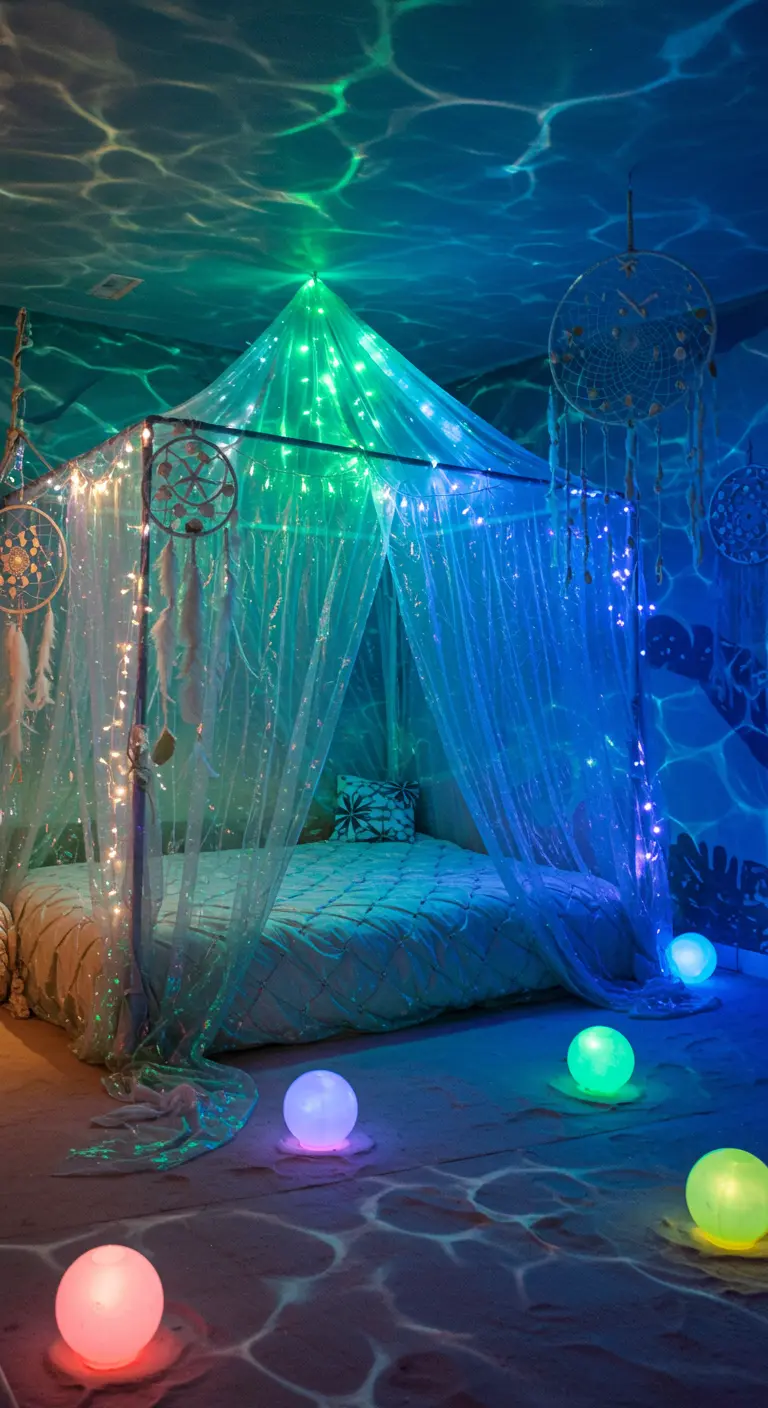 Slaapkamer met onderwaterprojectie, blauwe luifel, gekleurde lichtbollen en dromenvangers.
