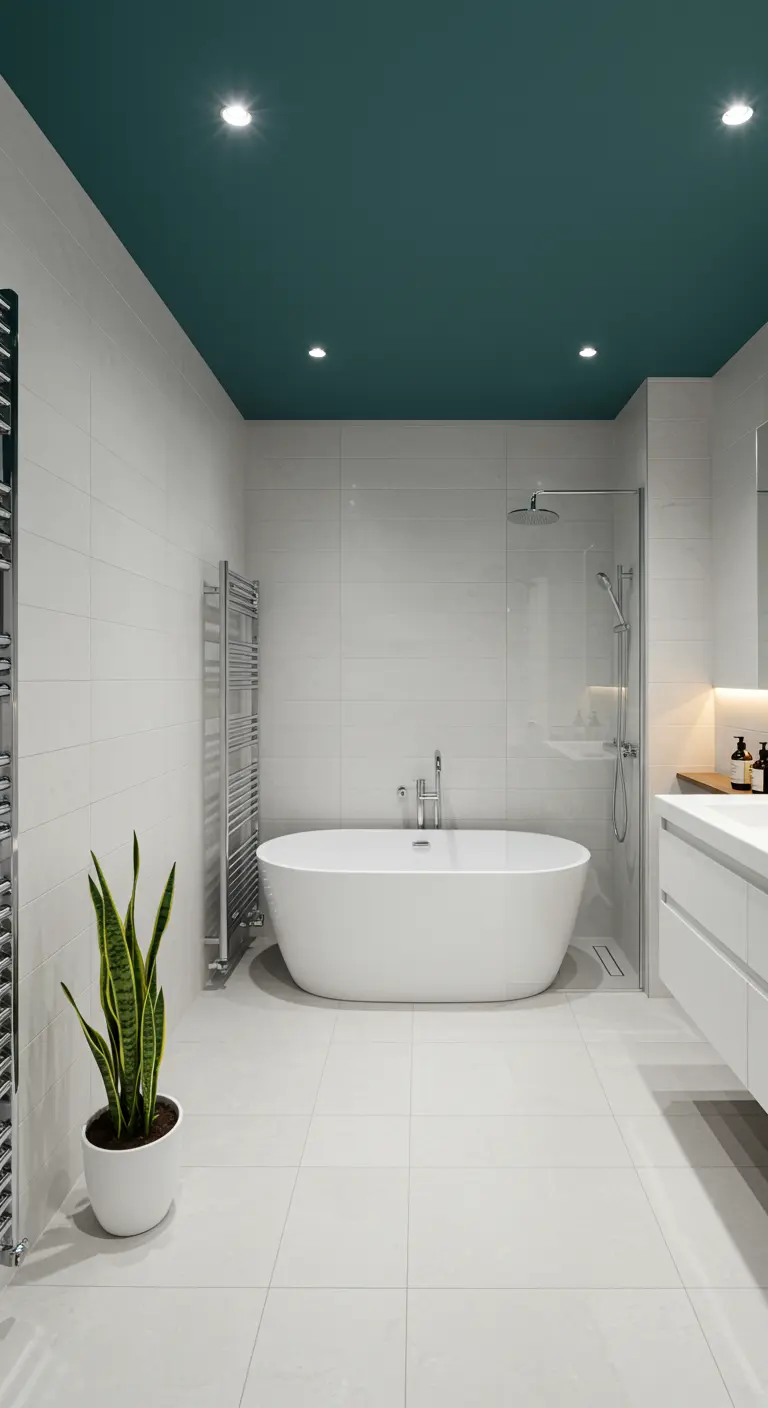 Moderne badkamer met petrolblauw plafond en witte tegels.