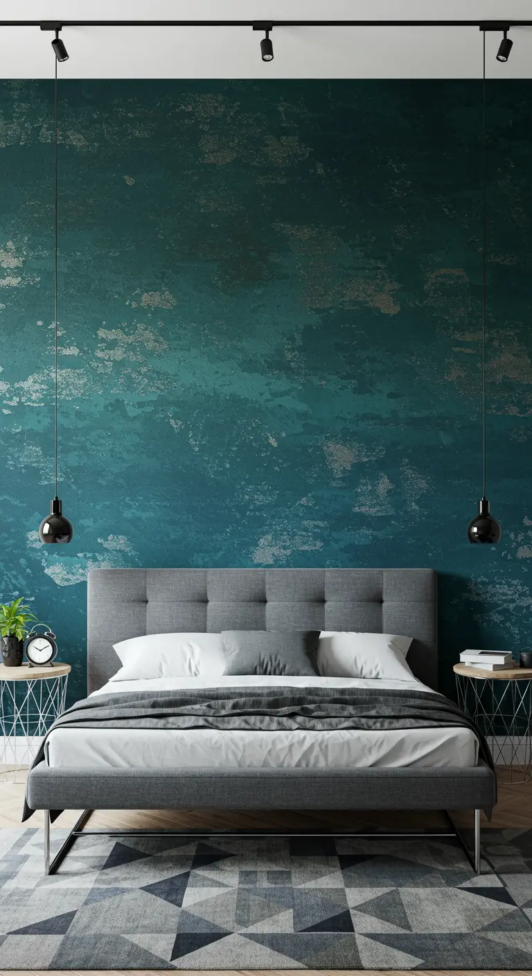 Moderne slaapkamer met petrolblauw kleurverloop met textuur achter grijs bed.