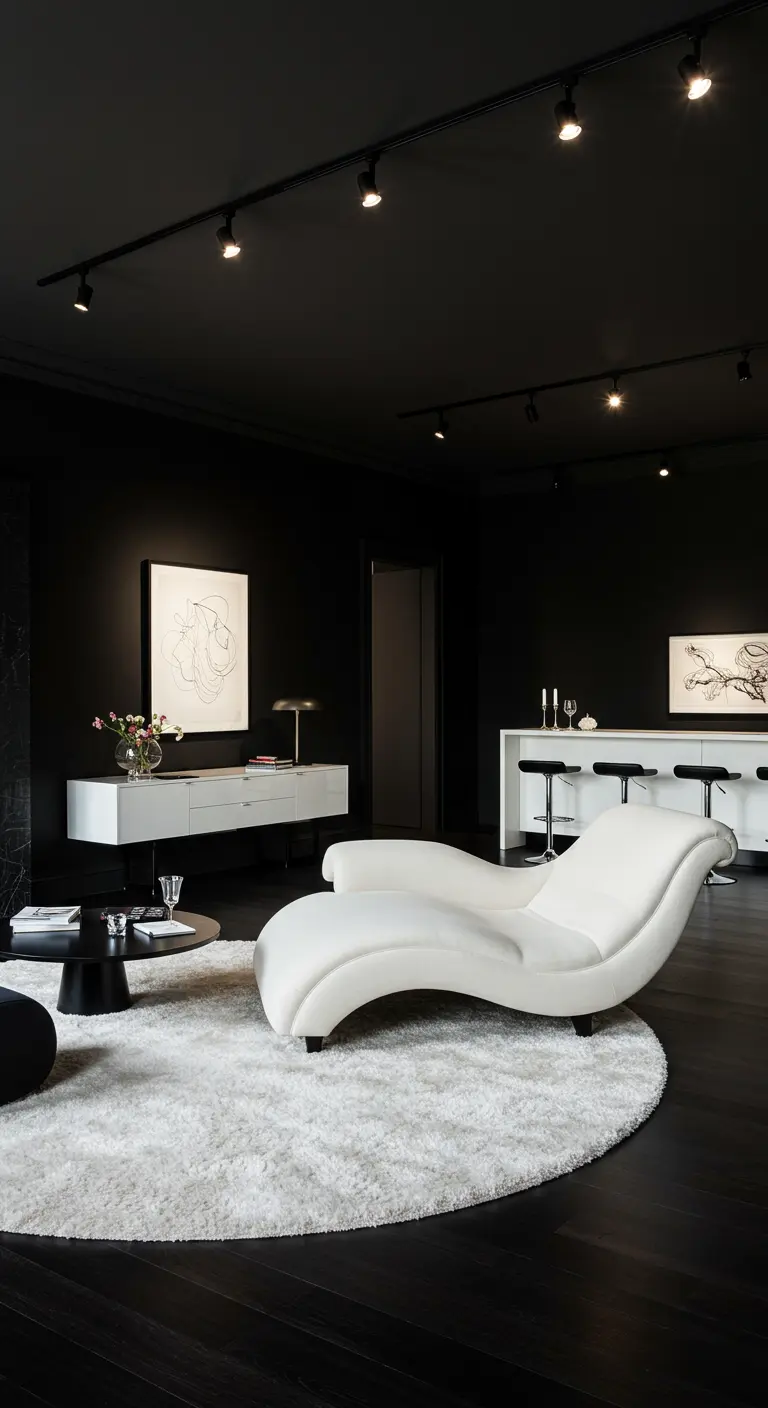 Donkere woonkamer met zwarte muren, witte chaise longue en rond wit vloerkleed.