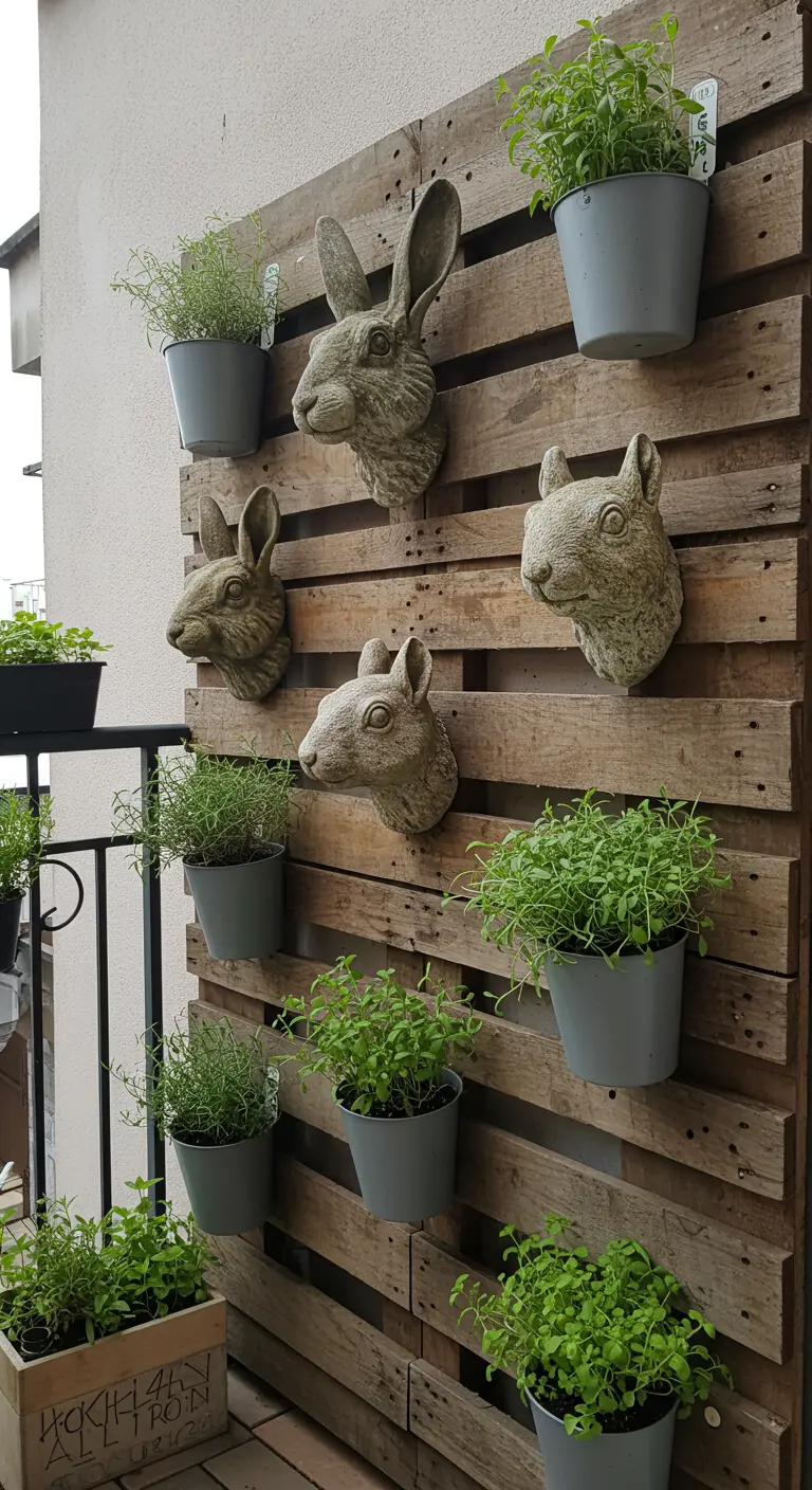 Houten pallet aan de muur met stenen dierenkoppen en potjes met kruidenplantjes.
