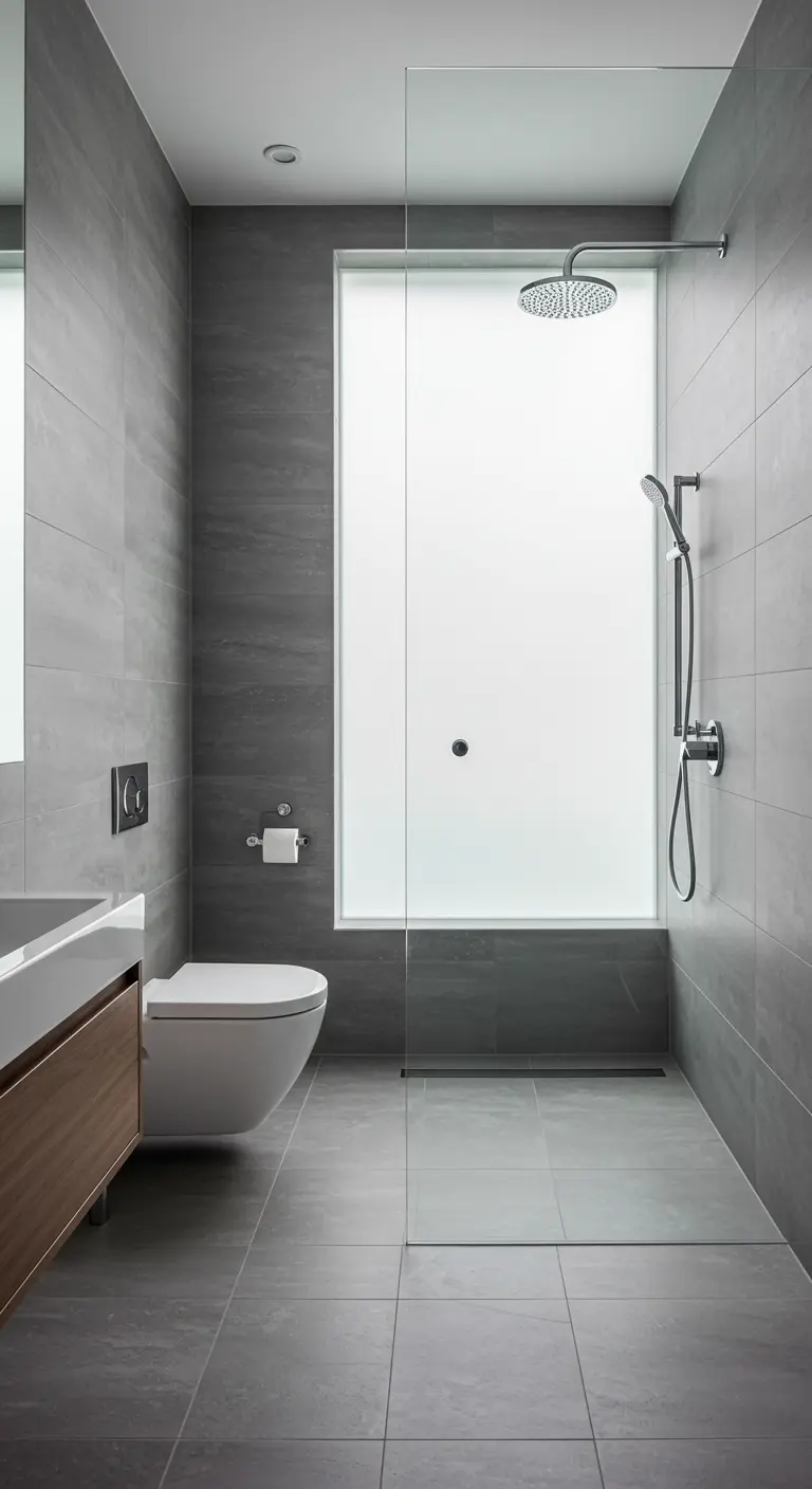 Strakke, grijze badkamer met een groot matglazen raam in de douche.