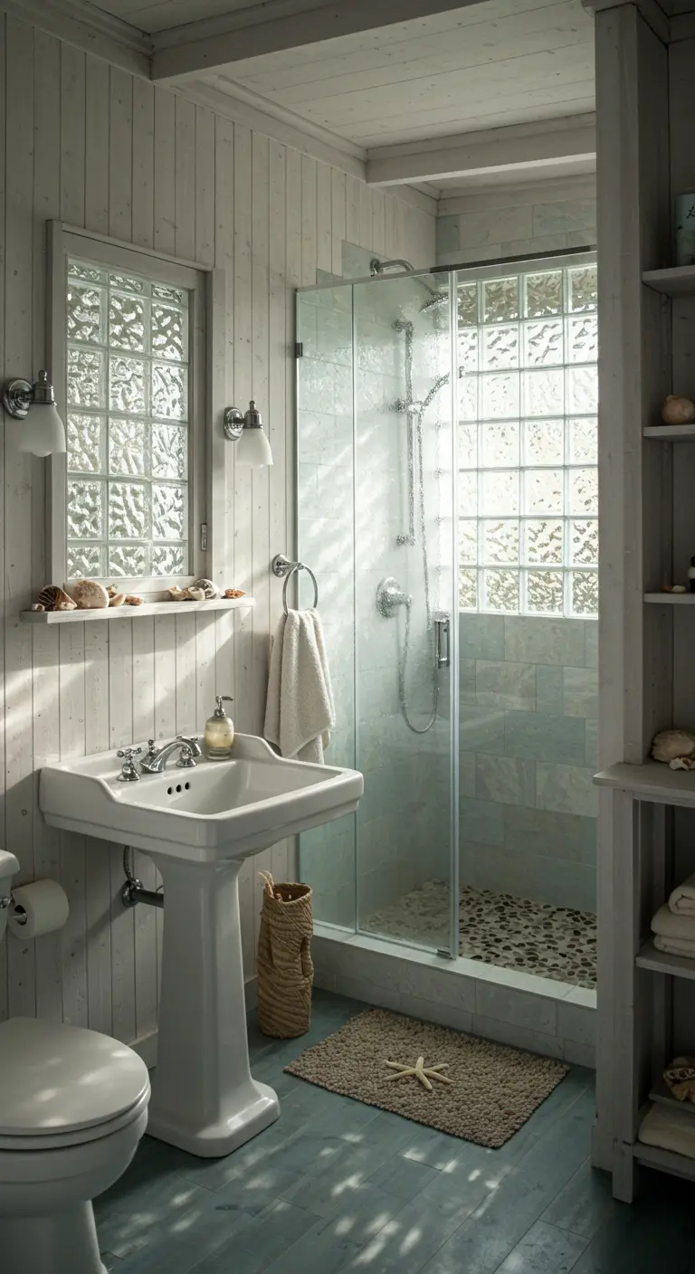 Badkamer met douchewand van glazen bouwstenen die diffuus licht doorlaten.
