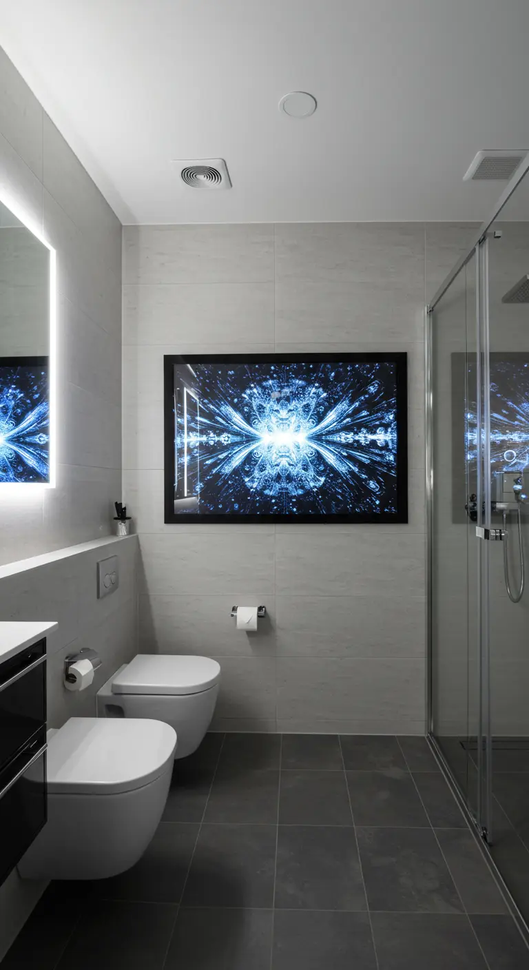 Strakke, moderne badkamer met een groot digitaal scherm aan de muur dat abstracte kunst toont.
