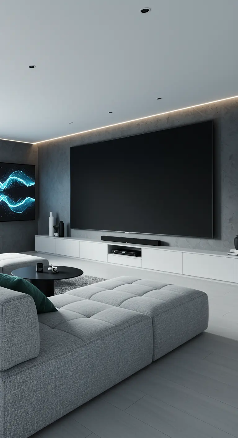 Moderne woonkamer met grote TV en een kleine abstracte blauwe golfprint ernaast.