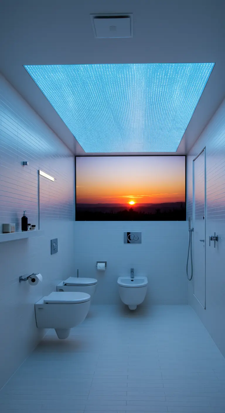 Moderne badkamer met groot LED-paneel in het plafond dat een zonsondergang toont.