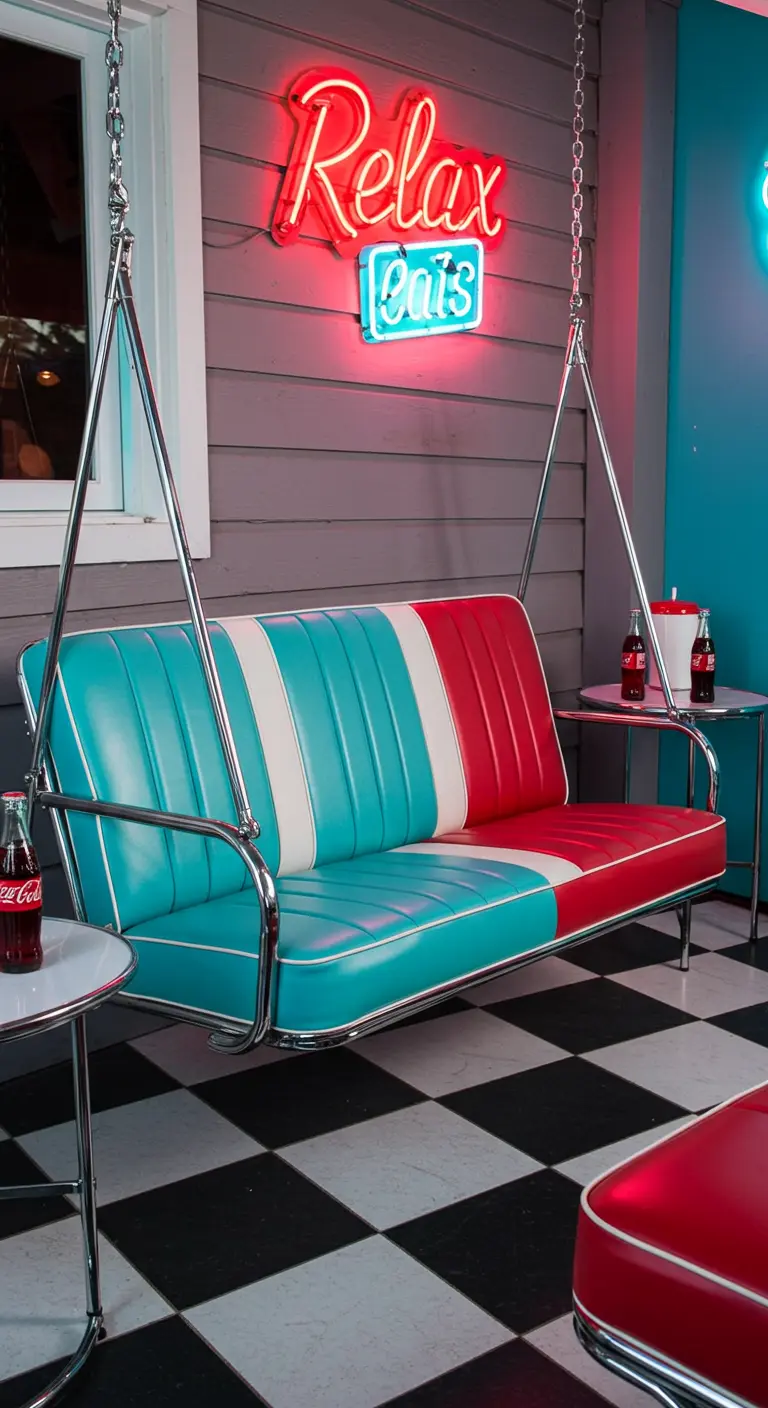 Retro diner-stijl schommelbank in turquoise en rood kunstleer met neonlicht.
