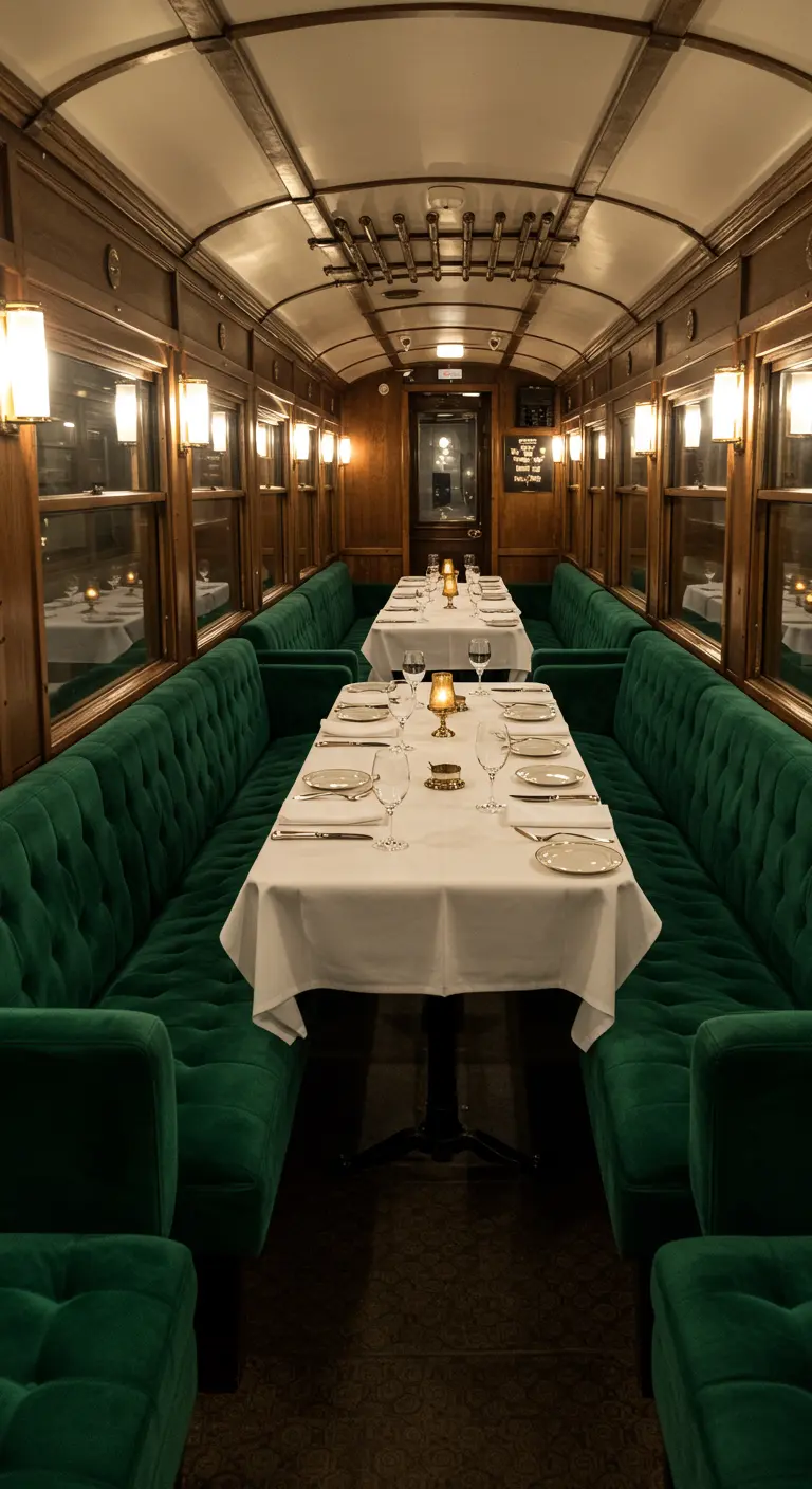 Eetruimte in een luxueuze treinwagon met groene fluwelen banken en tafels.