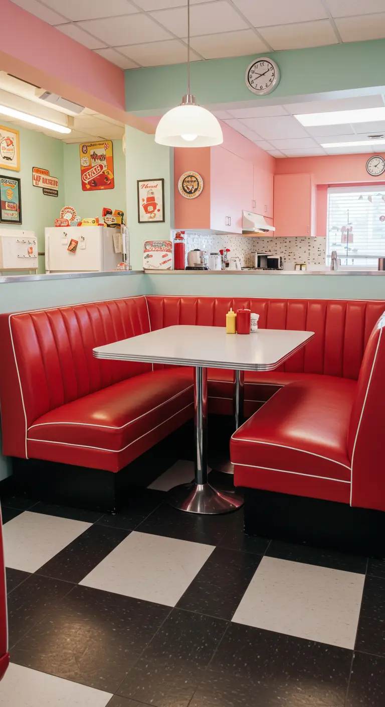 Retro Amerikaanse diner eethoek met rode leren banken en zwart-wit geblokte vloer.