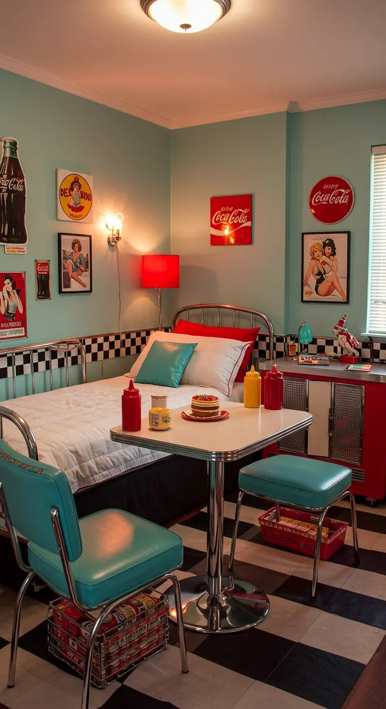 Retro slaapkamer in dinerstijl met turquoise en rood, geblokte vloer en Coca-Cola decor.