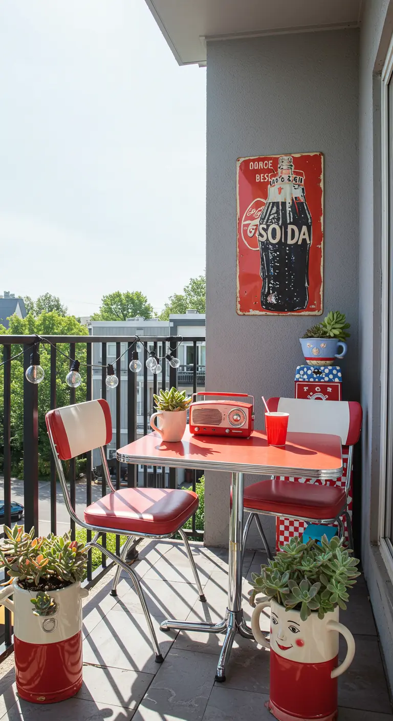 Balkon in 50s diner stijl met rood-witte meubels, vintage reclamebord en vrolijke plantenbakken.