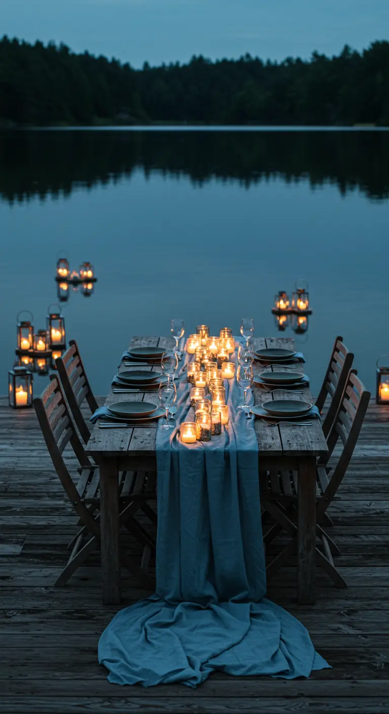 Houten tafel op een vlonder aan het water met veel kaarsen en drijvende lantaarns.