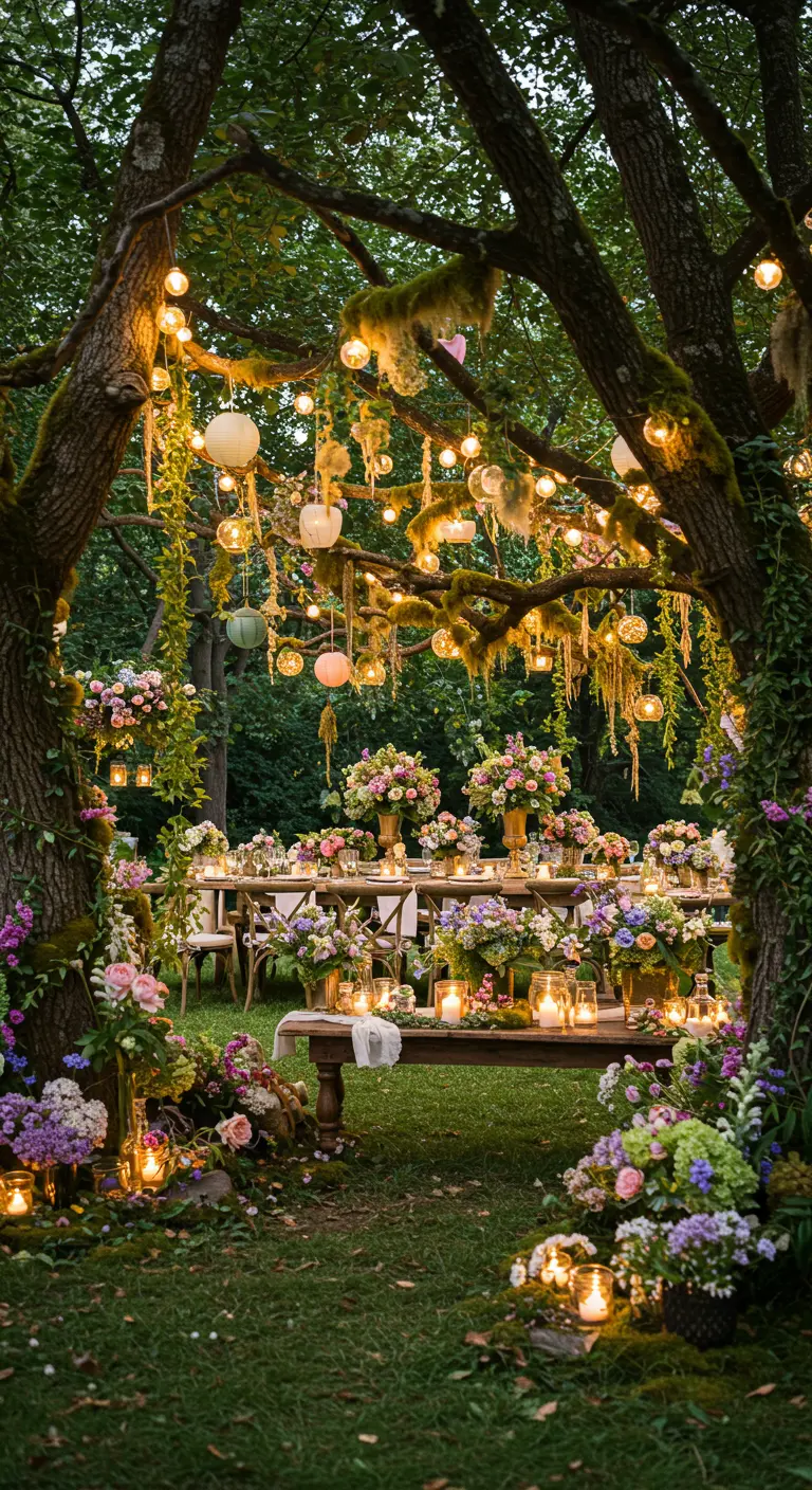 Magisch bosdiner voor bruiloft met lampionnen, kaarsen en weelderige bloemen.