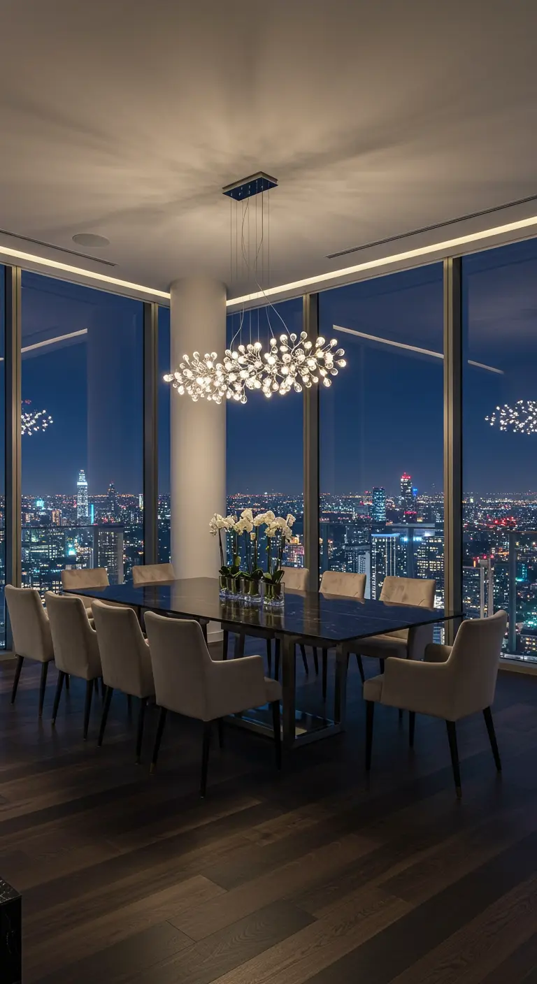 Luxe moderne eethoek met panoramisch nachtzicht op de stad en een opvallende hanglamp.