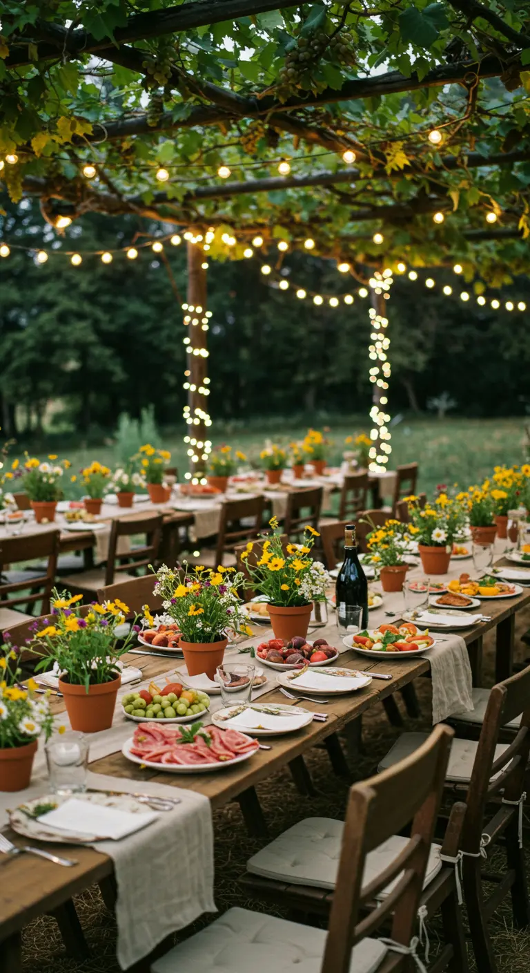 Diner onder een met lichtjes versierde pergola, lange tafel met veldbloemen en eten.