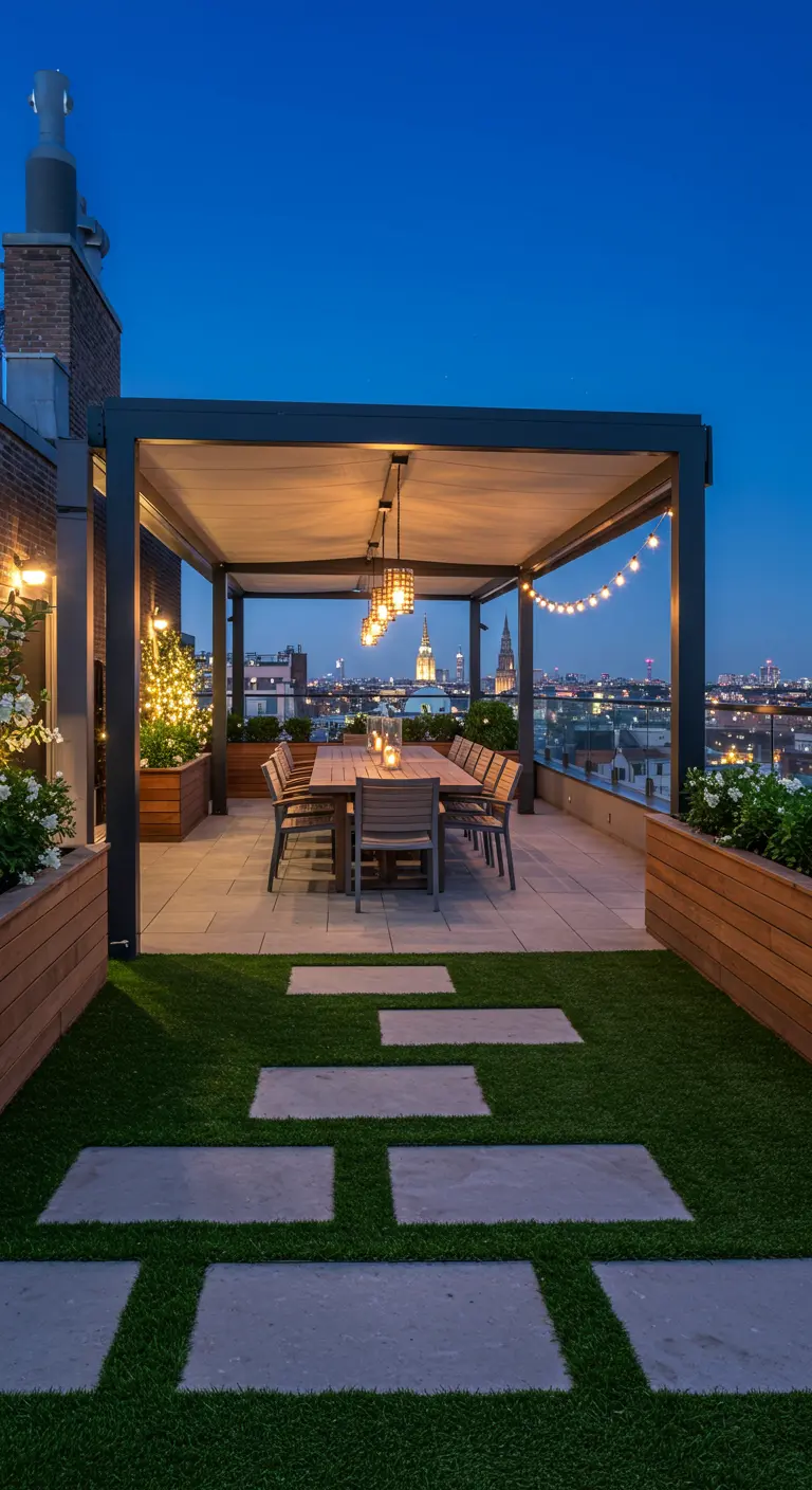 Daktuin met houten pergola, kunstgras, eetset, lichtslingers en verlichte plantenbakken.