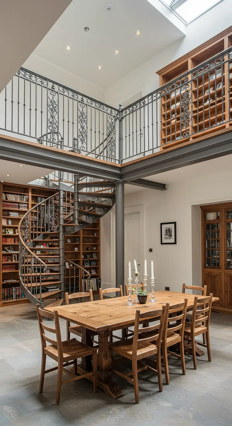 Eetkamer onder vide met houten spiltrap en boekenkasten