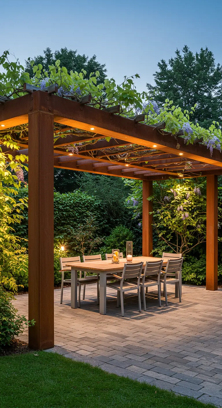 Pergola van cortenstaal met klimplanten en eettafel eronder, sfeervol verlicht.