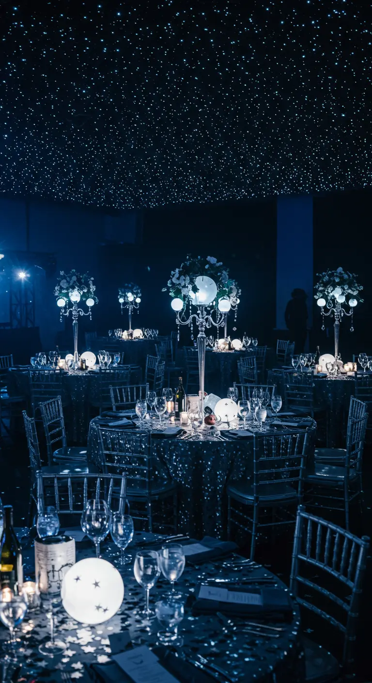 Feestzaal met donkerblauw thema, sterrenhemel aan plafond en maanvormige decoratie op tafels.