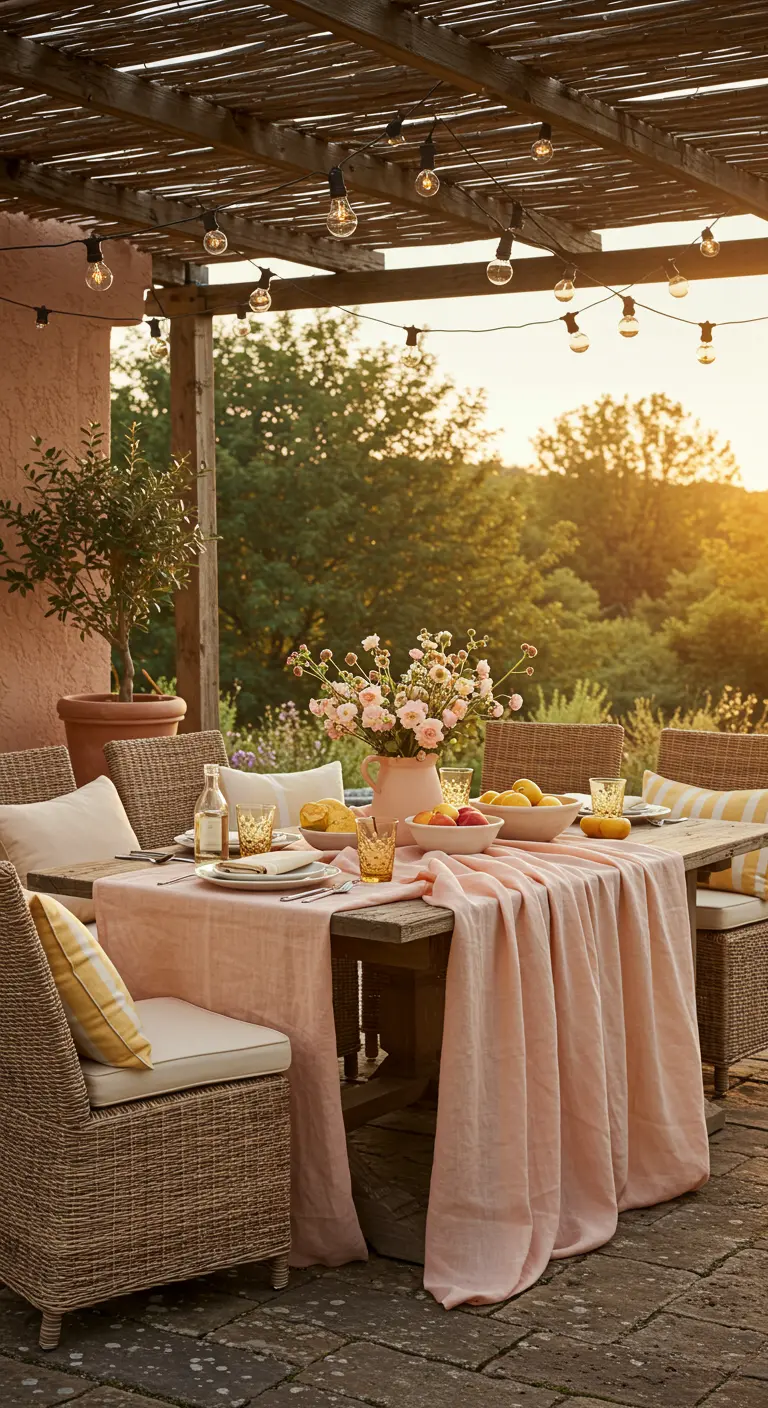 Eettafel buiten met roze linnen kleed, rieten stoelen, lichtslingers bij zonsondergang.