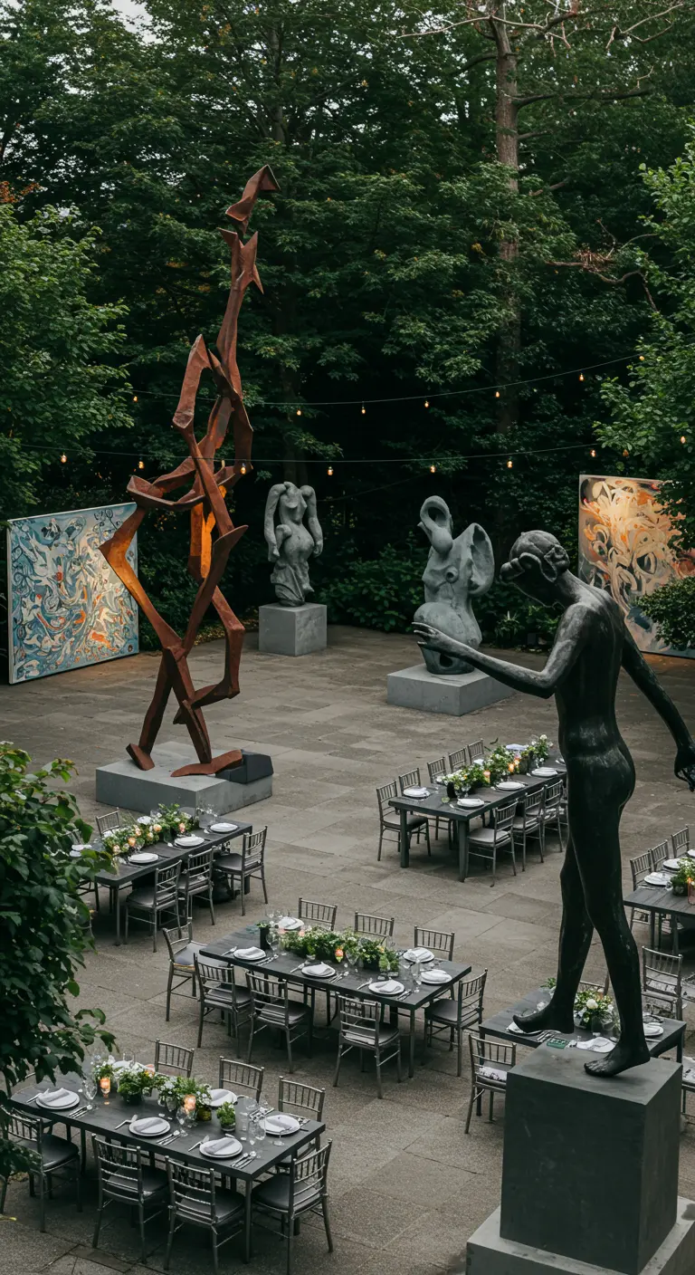 Buitendiner tussen sculpturen en kunst, met lange tafels en lichtsnoeren.