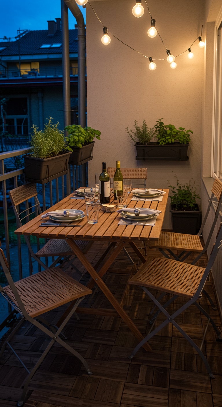 Balkon met houten eettafel, klapstoelen, kruidenbakken en lichtsnoer in de avond.
