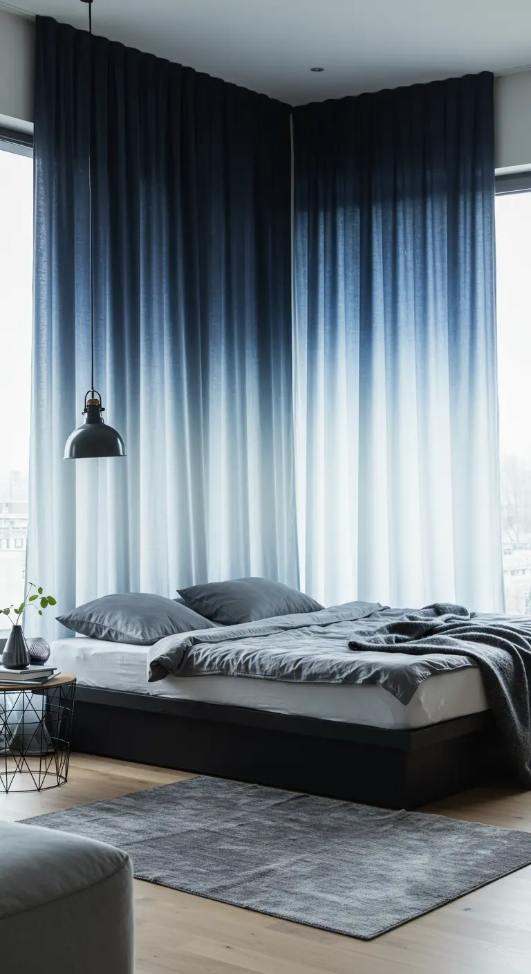 Lange gordijnen met een blauw dip-dye effect, van donkerblauw naar wit, in een moderne slaapkamer.